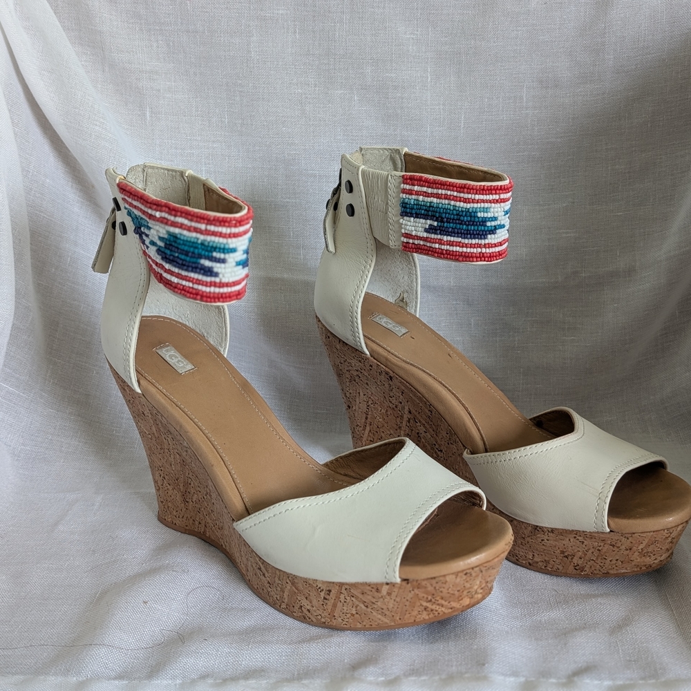 UGG Jacinda Fun Off White Wedge Sandals with Beaded Strap